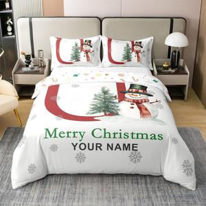 Erosebridal Пользовательский комплект постельного белья с новогодним снеговиком и монограммой Initial U, 100% хлопок, рождественская тематика с елками и снежинками, зимние красные и зеленые расцветки, Red Green U