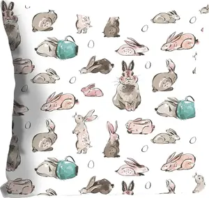 Декоративная подушка Queence "Цезарь", с зайками в кофейных чашках, чехол без наполнения, 1 шт 40х40 см, белый/коричневый