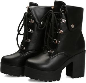 Женские платформенные ботильоны из искусственной кожи с массивным каблуком, шнуровкой и винтажным дизайном DXSYMJM, Black