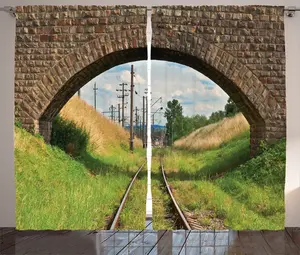 Шторы ABAKUHAUS Rustic Rustic, Bridge Railway Tranquil, универсальные ленточные шторы для гостиной с петлями и крючками, 280 x 175 см, зелено-коричневый цвет Abakuhaus