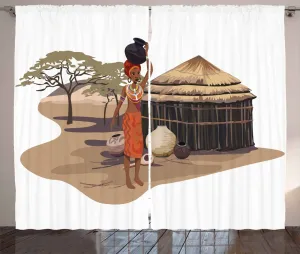 Штора в деревенском стиле Африканская женщина от ABAKUHAUS, Женщина с горшком, для спальни, со сборками, петлями и крючками, 280 x 175 см, разноцветная