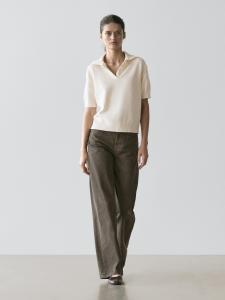 Вязаный свитер-поло из смесовой шерсти Massimo Dutti, off white