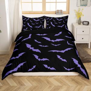 Erosebridal Комплект постельного белья Happy Halloween с готическими летучими мышами и мультяшным принтом, темно-фиолетовый и черный, Black Purple