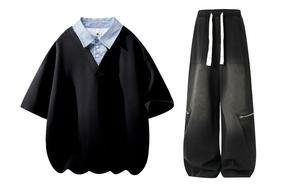 Повседневная спортивная одежда Unisex с лацканом Lapel Moderate X1617, черный short-sleeved shirt+черный pants