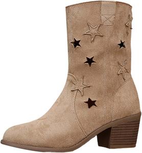 Женские современные западные ковбойские ботинки с потертым эффектом, с массивным каблуком, средней высоты, заостренный нос, модные однотонные ботинки Generic, White