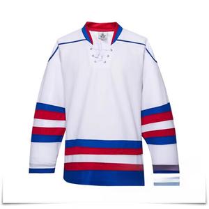 He Jiagong Новая хоккейная форма 2024, тренировочная футболка для хоккея с мячом и на льду, размер и логотип на заказ, белая с красными и синими полосами, XXS