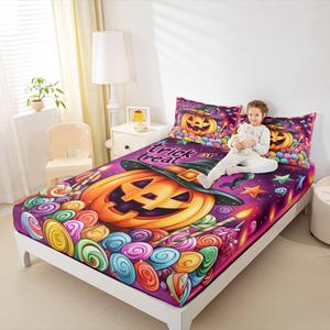 Erosebridal Комплект постельного белья Happy Halloween с оранжевыми тыквами, ведьмовскими шляпами и конфетами, Purple Blue Yellow
