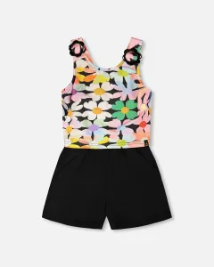 Комбинезон без рукавов из трикотажа, черный, с цветочным принтом Deux Par Deux