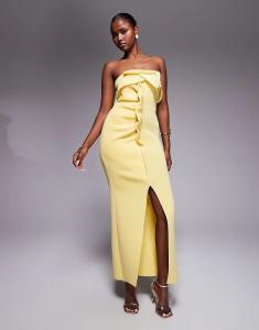 Платье-бандо миди ASOS DESIGN с перекрученной отделкой спереди, платье миди цвета пахты из ткани в стиле «скуба»