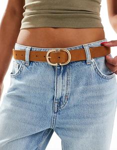 Ремень Pieces из замши с двойной пряжкой золотого цвета коньячно-коричневого цвета