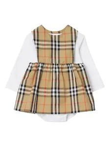 Комплект из платья и боди в клетку Burberry Kids, коричневый