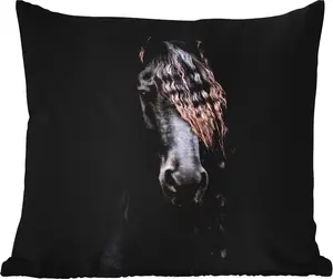 Подушка для улицы - Лошади - Фризская порода - Грива - Черная - Животные - 60 x 60 см - Водонепроницаемая - Подушка для отдыха - Декоративная - Подушка для сна MuchoWow