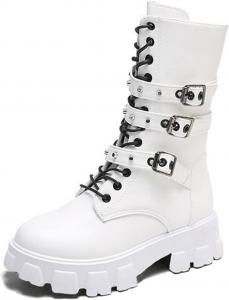 Женские готические ботильоны ZKXYFFS с пряжкой, массивным высоким каблуком, средней длины, с боковой молнией, боевые ботинки, шнуровка, панк-шипованные ботинки, мотоциклетные ботинки на платформе для женщин, 5.5 White