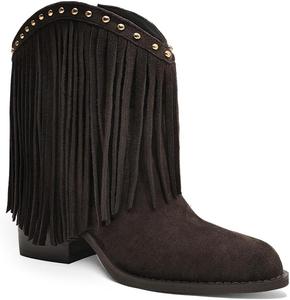 Женские ковбойские сапоги с бахромой, женские ковбойские сапоги с грубым каблуком, замшевые сапоги для женщин, средний голень, заостренный носок, на подъеме, с заклепками, западные ботильоны Cervigado, Dark Brown