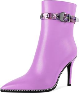 Younton Женские ботильоны на высоком каблуке-стилет с бусинами, заостренным носком, боковой молнией и пряжкой, из матовой кожи, 3,5 дюйма