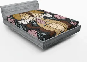 Простыня на резинке ABAKUHAUS Собака, щенок и костяное сердце, рисунок в стиле мультфильма Мальчик и собака, 120 x 190 см, серая с разноцветными цветами Abakuhaus