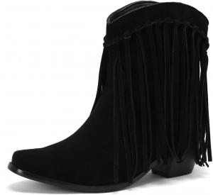 Короткие замшевые ковбойские сапоги DINTAHA с бахромой, массивным каблуком и вестерн-стиле, Black