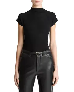 Топ с короткими рукавами реглан и воротником-стойкой Vince, черный
