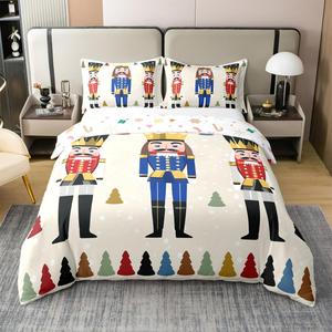Erosebridal Комплект постельного белья Kids Nutcracker из 100% хлопка с рождественским принтом и яркими бантами, Beige Red Blue