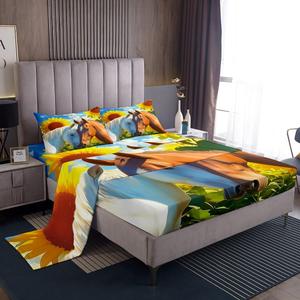 Erosebridal Комплект постельного белья Horse Couple для детей с принтом лошадей и подсолнухов в стиле ранчо, Blue Brown Yellow