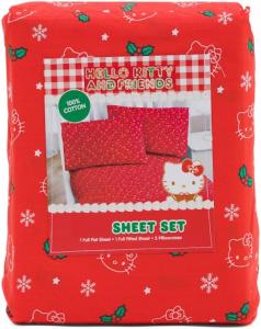 Комплект постельного белья из хлопка с рождественской тематикой Hello Kitty от Jay Franco & Sons, Inc. (красный - белые мордочки кошек, снежинки, падуб, размер Twin)