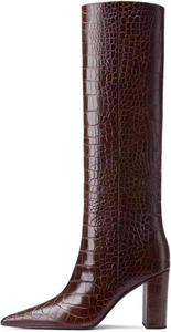 Женские сапоги выше колена iadore с узором под крокодила, низкий каблук, без застежки, с острым носком, для повседневной носки, Brown