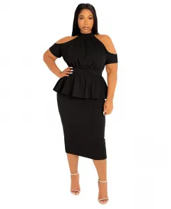 Платье миди с баской и вырезами на плечах больших размеров Buxom Couture, черный