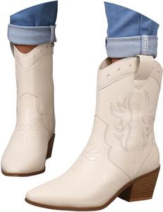 Женские ковбойские ботинки с вышивкой, короткие западные ботинки с массивным каблуком, боковой молнией и винтажной щиколоткой Generic, White