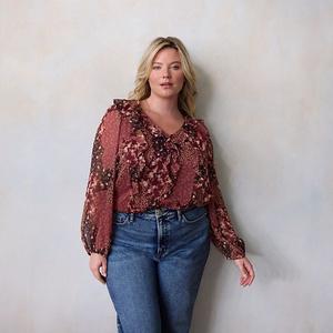 Топ с V-образным вырезом и длинными рукавами с каскадными рюшами Plus size Lc Lauren Conrad, Plum Durness Patchwork