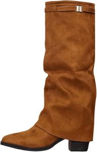 Женские свободные сапоги до колена с низким каблуком, круглым носком, повседневные, на молнии, байкерские, с отворотом, на массивной подошве Generic, Brown