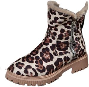 SPKFHD Женские зимние ботинки большого размера с леопардовым принтом - с искусственным мехом, из плотной теплой ткани, с противоскользящей резиновой подошвой