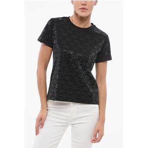 Футболка с круглым вырезом из хлопка с отделкой стразами DENIM QUENTIN Pinko, Black