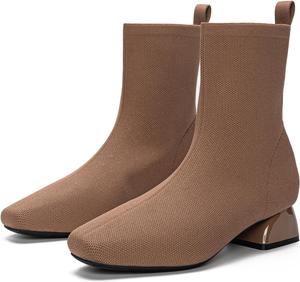 Женские ботильоны Buyrew с низким каблуком, квадратным носком, вязаные, массивные зимние туфли без застежки, Chunky-Brown
