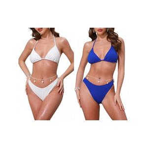 2 комплекта женского купальника-бикини с вафельной вязкой, 2 шт треугольные трусики с ракушкой и поясом-веревкой Inspire Chic, White Royal Blue
