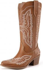 Женские ковбойские сапоги Athlefit с квадратным носком, невысоким массивным каблуком, вышивкой, вестерн-стиль, средней высоты, для кантри-концертов, Tan