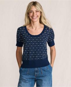 Женский свитер из тонкого хлопкового жаккарда с круглым вырезом Lands' End, Deep sea navy floral jacquard