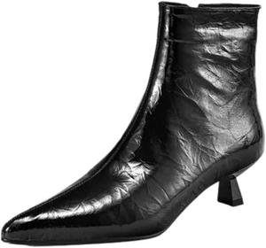 Женские современные ботильоны с лаковой отделкой, с среднем каблуком-шпилькой, заостренным носком и боковой молнией Generic, Black-Fleeces