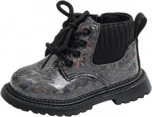 Детские блестящие ботильоны с шнуровкой и боковой молнией, удобные короткие модные ботинки из лакированной кожи Generic, Black