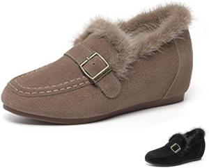 Женские замшевые сапоги на танкетке с невидимой пряжкой, до щиколотки, зимние, уютные, с теплой меховой подкладкой, с округлым носком, на плоской подошве, без застежек, короткие ботильоны для улицы, нескользящая повседневная обувь для снега WYUETRA, Khaki