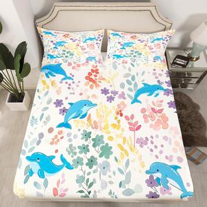 Erosebridal Комплект постельного белья Cute Floral Dolphin с морским принтом и цветочным узором, Blue Pink