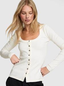 Винтажная ребристая футболка с длинными рукавами и застежкой на пуговицы Pink, winter white