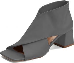 LEHOOR Women Chunky Heel Open Toe Booties Suede Side Cut-Out Ankle Boots Square Peep Toe 2 Inch Block Mid Heels Dress Heeled Sandal Booties Back Zipper Summer Casual Size 4-11 M US, Matte Grey