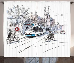 Шторы ABAKUHAUS Sketchy Rustic Curtain, Городской пейзаж Амстердама, универсальные ленточные шторы для гостиной с петлями и крючками, 280 x 225 см, цвет: белый, фиолетовый, синий Abakuhaus