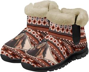 Женские зимние ботинки UNICEU, теплые, с нескользящей подошвой, женские ботильоны и зимние ботинки, обувь с плюшевой подкладкой, пушистые ботинки для прогулок, Red Southwestern Native Horse