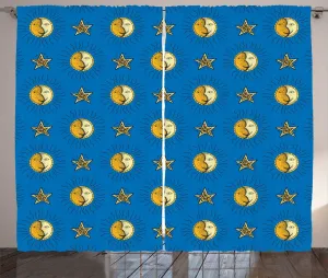 Детская штора в деревенском стиле ABAKUHAUS с изображением фаз Солнца и Луны, присборенная штора из тесьмы для спальни с петлями и крючками, 280 x 225 см, кобальтово-синий и горчичный цвета Abakuhaus