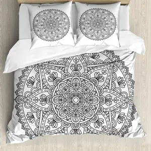 Пододеяльник ABAKUHAUS Lotus, круглый, с бохо-мотивом, с защитой от клещей, подходит для аллергиков, с наволочками, 155 x 220 см - 80 x 80 см, серо-белый Abakuhaus