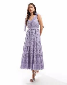 Платье миди Maya Broderie с v-образным вырезом и бретельками в цвете пыльной лаванды