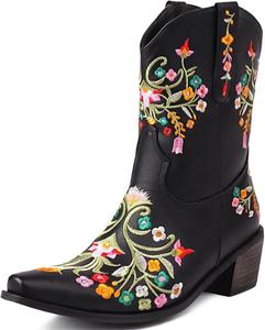 Женские ботильоны с заостренным носком, вышивкой цветов, винтажные западные ковбойские ботинки, повседневная обувь для женщин Generic, Black