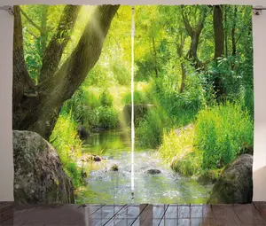 Штора ABAKUHAUS Forest Rustic, Stream Cascade Tropical, универсальная ленточная штора для гостиной с петлями и крючками, 280 x 175 см, цвет: коричневый, лаймовый, зеленый Abakuhaus