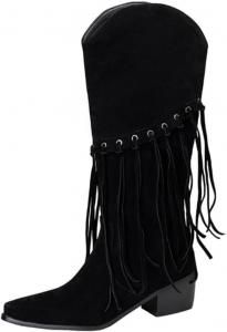 Ковбойские рэйв-башмаки с бахромой для женщин и девушек - ретро короткие западные сапожки с широким голенищем, платформой и низким каблуком, милые легкие обувь с поддержкой свода стопы для комфорта при длительном стоянии Zenrave, Black